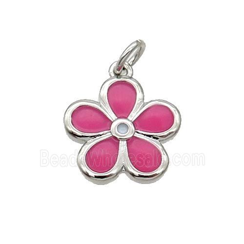 Copper Flower Pendant Hotpink Enamel Platinum Plated