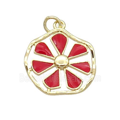 Copper Flower Pendant Red Enamel Gold Plated