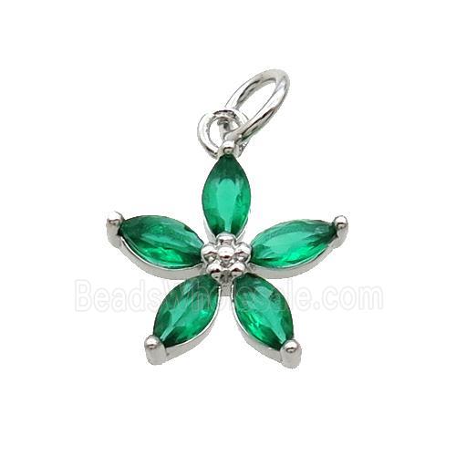 Copper Flower Pendant Pave Green Crystal Platinum Plated