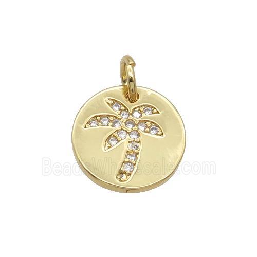 Copper Circle Pendant Pave Zircon Coconut Tree Unfade 18K Gold Plated