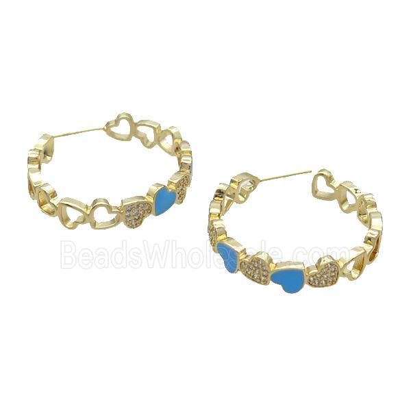Copper Stud Earring Pave Zircon Blue Enamel Heart Gold Plated