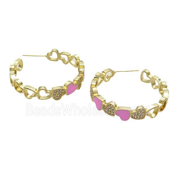 Copper Stud Earring Pave Zircon Pink Enamel Heart Gold Plated