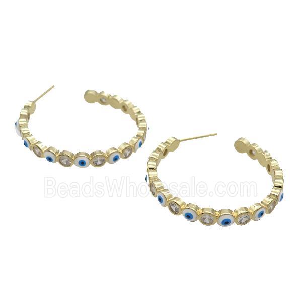 Copper Stud Earring Pave Zircon White Enamel Evil Eye Gold Plated