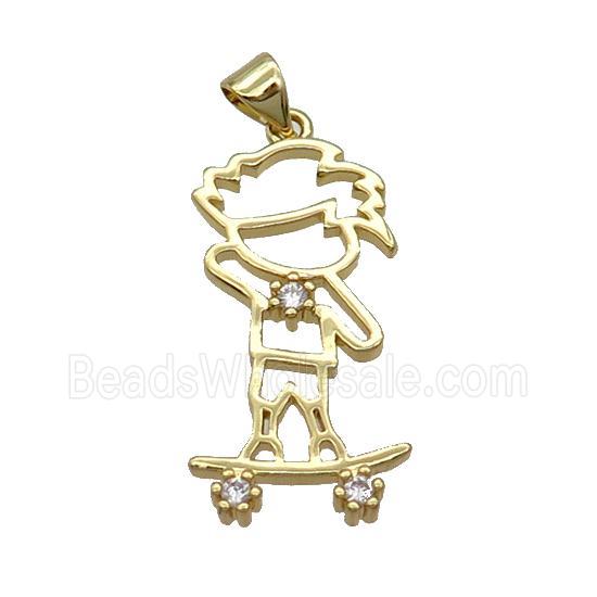 Copper Boy Kid Pendant Pave Zircon Skating Gold Plated