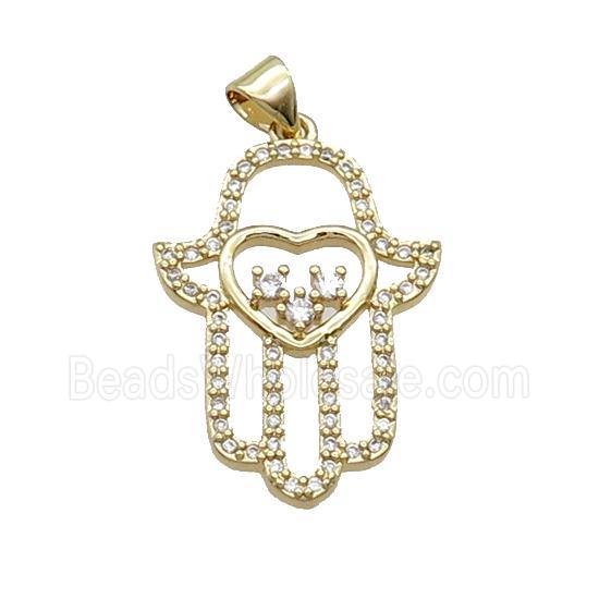 Copper Hamsahand Pendant Pave Zircon Heart Gold Plated
