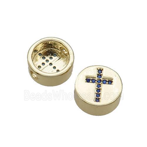 Copper Button Beads Pave Blue Zircon Cross Gold Plated