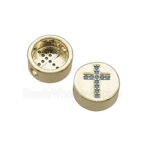 Copper Button Beads Pave Turq Zircon Cross Gold Plated