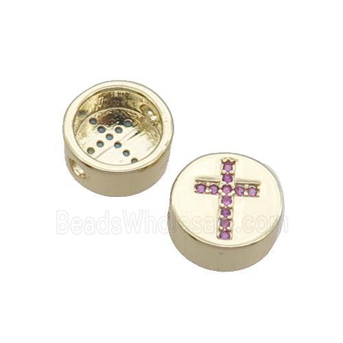 Copper Button Beads Pave Pink Zircon Cross Gold Plated