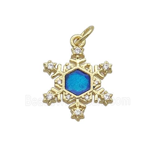 Copper Snowflake Pendant Pave Zircon Blue Enamel Gold Plated