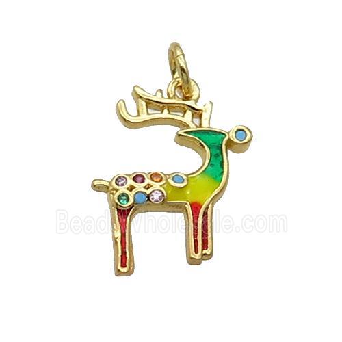 Copper Reindeer Pendant Pave Zircon Multicolor Enamel Gold Plated