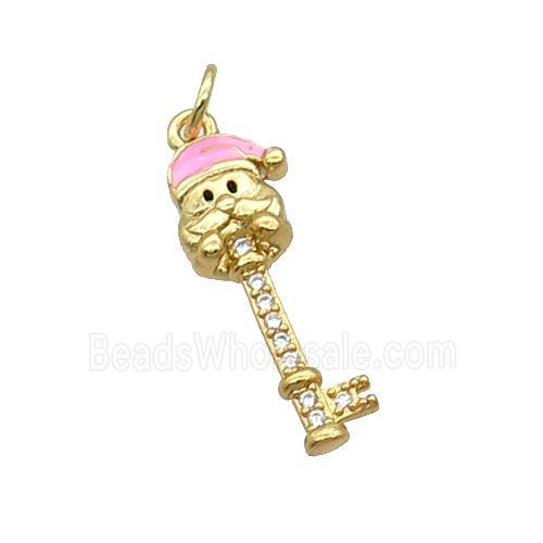 Copper Key Santa Claus Pendant Pave Zircon Pink Enamel Gold Plated
