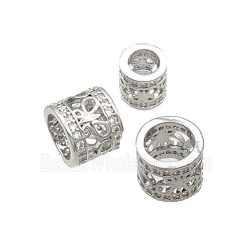 Copper Tube Beads Pave Zircon Large Hole Platinum Plated
