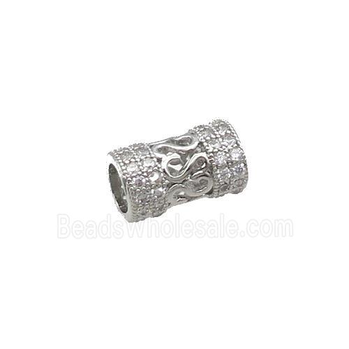 Copper Tube Beads Pave Zircon Large Hole Platinum Plated