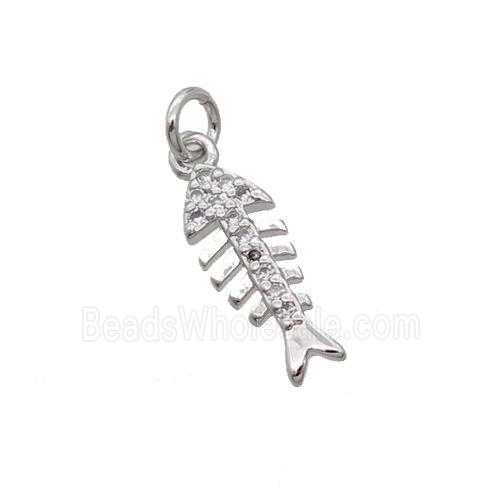 Copper Fishbone Pendant Pave Zircon Platinum Plated