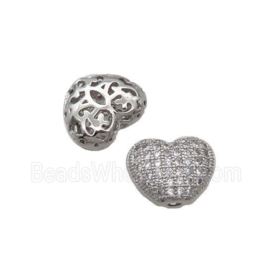 Copper Heart Beads Pave Zircon Platinum Plated