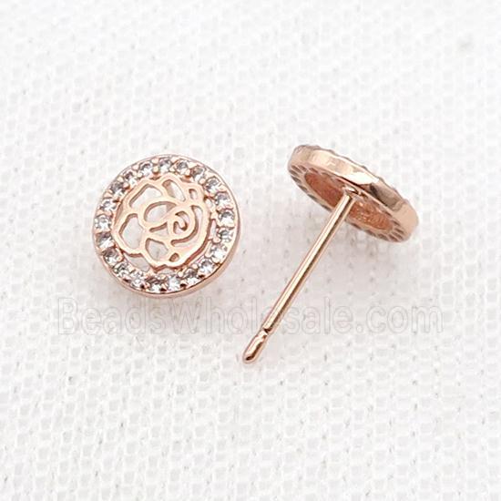 Copper Stud Earring Pave Zircon Flower Rose Gold