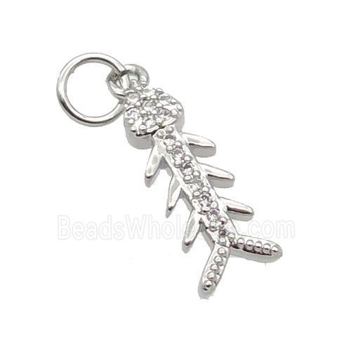 Copper Fishbone Pendant Pave Zircon Platinum Plated
