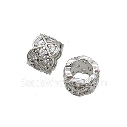 Copper Tube Beads Pave Zircon Large Hole Platinum Plated