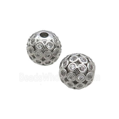 Copper Round Beads Pave Zircon Hollow Platinum Plated