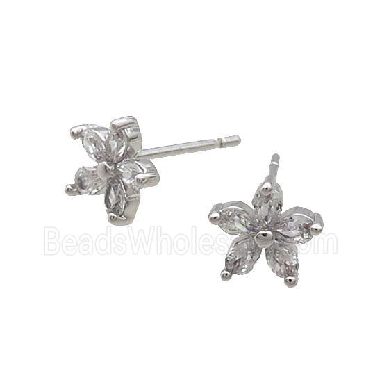Copper Stud Earring Pave Zircon Flower Platinum Plated