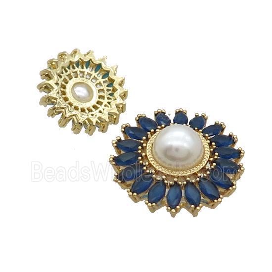 Copper Beads Pave Zircon Darkblue Flower Glass Pearlized Gold Plated