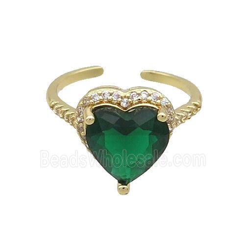 Copper Ring Pave Zircon Green Crystal Heart Gold Plated