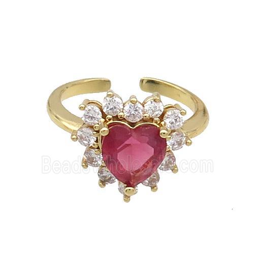 Copper Ring Pave Zircon Red Crystal Heart Gold Plated