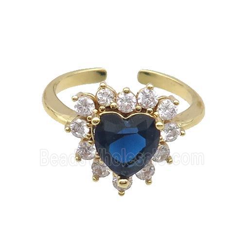 Copper Ring Pave Zircon Blue Crystal Heart Gold Plated
