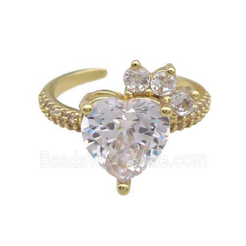 Copper Ring Pave Zircon Clear Crystal Heart Gold Plated