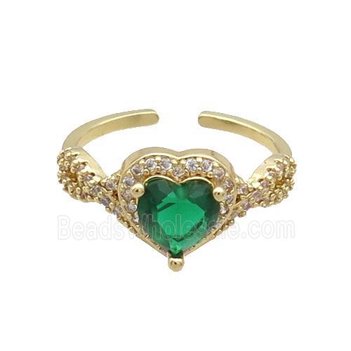Copper Ring Pave Zircon Green Crystal Heart Gold Plated