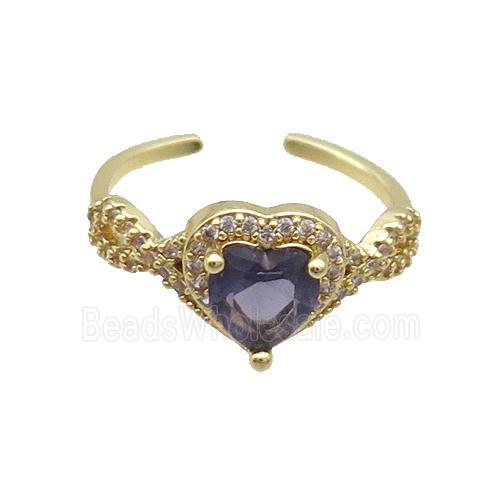 Copper Ring Pave Zircon Purple Crystal Heart Gold Plated