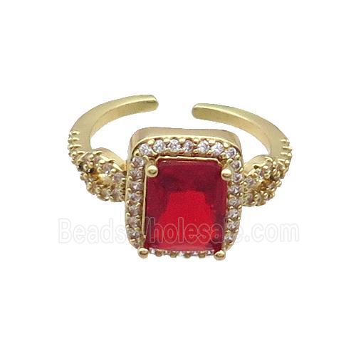 Copper Ring Pave Zircon Red Crystal Rectangle Gold Plated