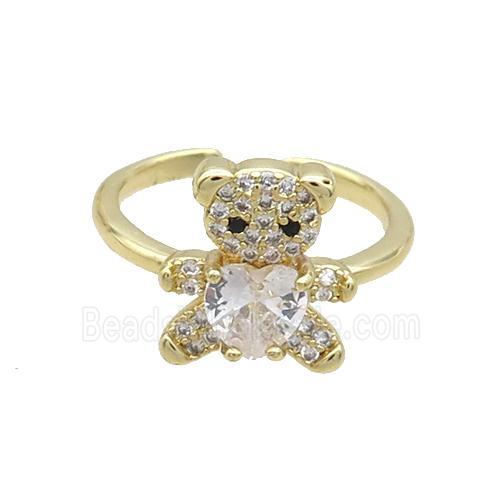 Copper Ring Pave Zircon Clear Crystal Bear Gold Plated