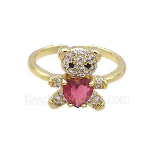 Copper Ring Pave Zircon Red Crystal Bear Gold Plated
