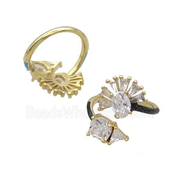Copper Ring Pave Zircon Clear Crystal Black Enamel Gold Plated