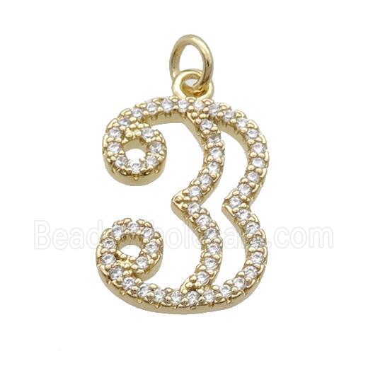 Copper Number-3 Pendant Pave Zircon Gold Plated