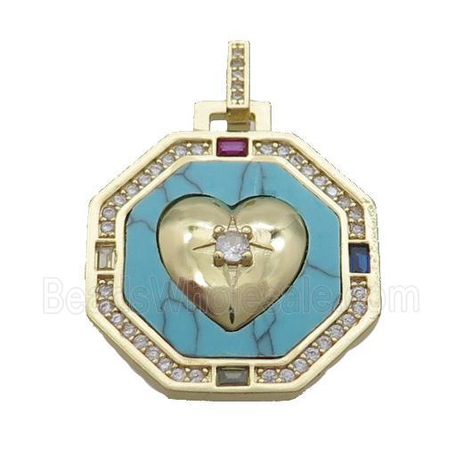 Copper Octagon Heart Pendant Pave Zircon Turquoise Gold Plated