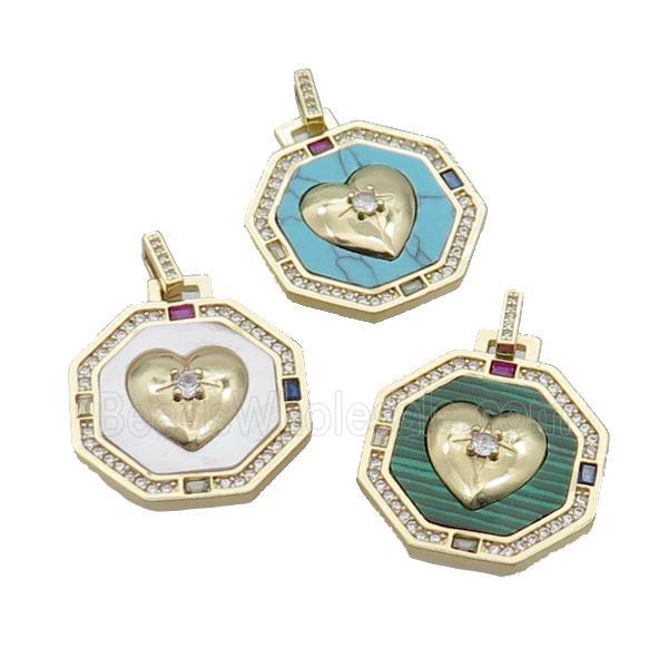 Copper Octagon Heart Pendant Pave Zircon Gemstone Gold Plated Mixed