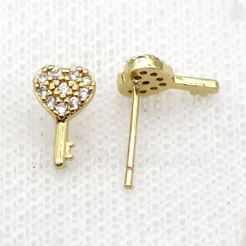 Copper Stud Earring Pave Zircon Key Gold Plated