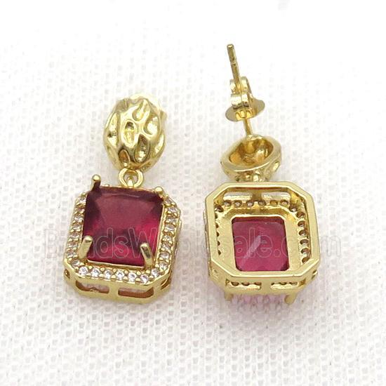 Copper Stud Earring Pave Zircon Red Crystal Rectangle Gold Plated
