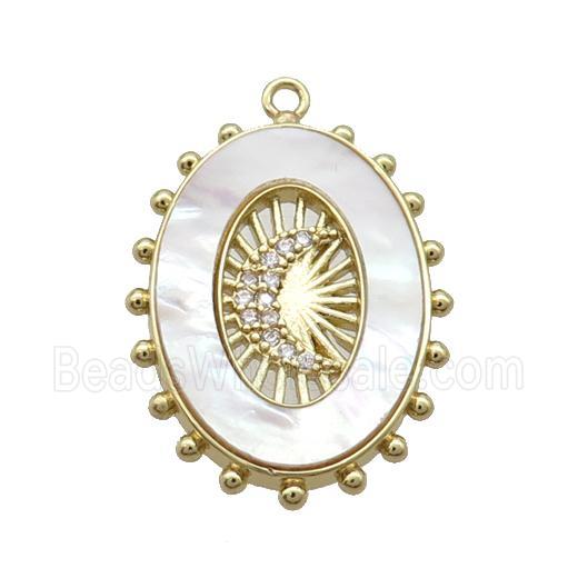 Copper Oval Pendant Pave Zircon White Shell Moon Gold Plated