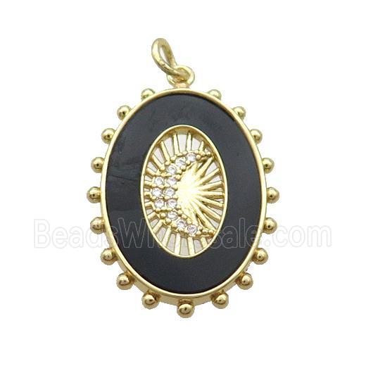 Copper Oval Pendant Pave Zircon Black Agate Moon Gold Plated