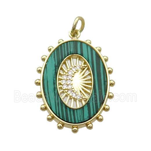 Copper Oval Pendant Pave Zircon Green Malachite Moon Gold Plated