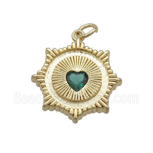 Copper Sun Pendant Pave Green Crystal Heart Gold Plated