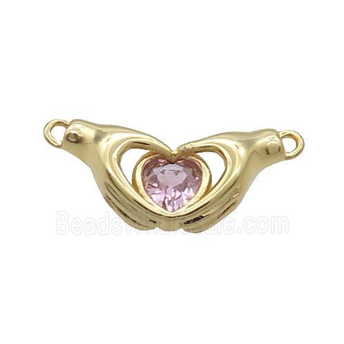 Copper Hand Heart Pendant Pave Pink Crystal 2loops Gold Plated