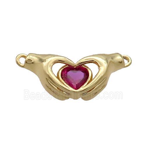Copper Hand Heart Pendant Pave Red Crystal 2loops Gold Plated
