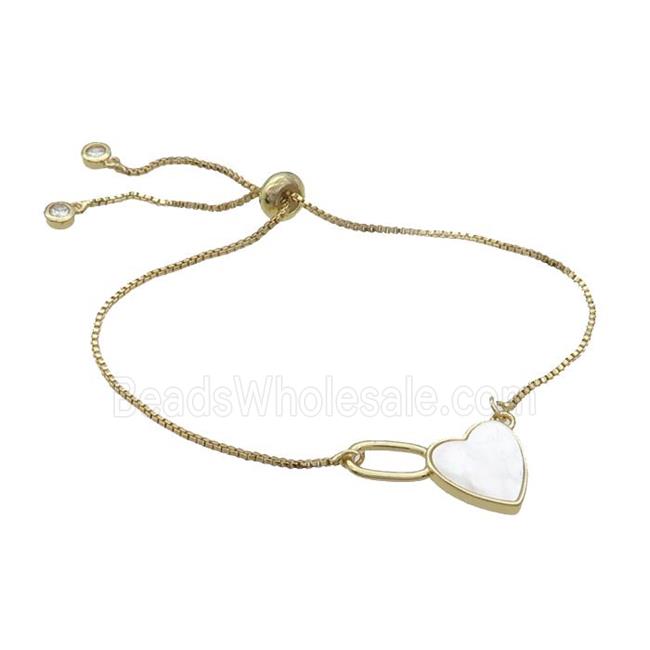 Copper Bracelet White Shell Heart Adjustable Gold Plated