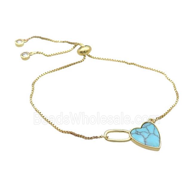 Copper Bracelet Blue Turquoise Heart Adjustable Gold Plated