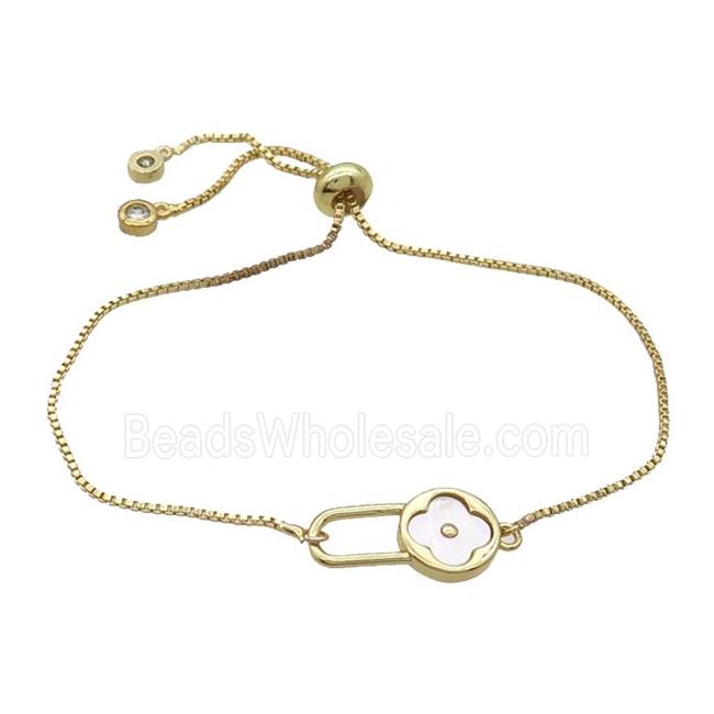 Copper Bracelet White Shell Clover Adjustable Gold Plated