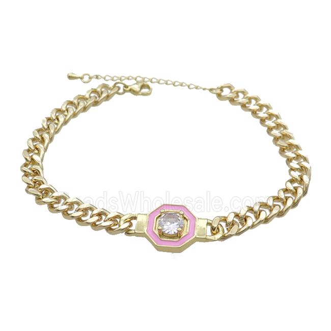 Copper Bracelet Pave Crystal Pink Enamel Gold Plated